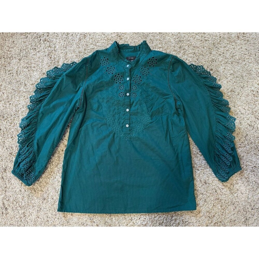 J.CREW Green Cotton Blouse Top Eyelet Ruffles Sleeve Basic Casual Preppy XS